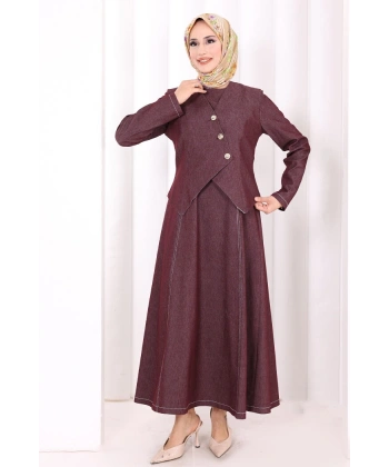 Yelekli Denim Elbise 6081 Bordo