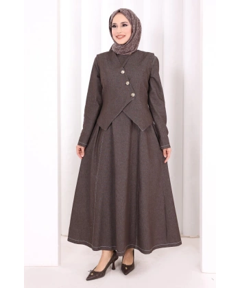 Yelekli Denim Elbise 6081 Kahverengi