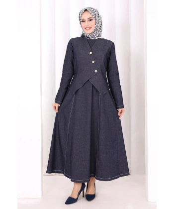 Yelekli Denim Elbise 6081 Lacivert