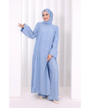 Yırtmaçlı Tunik Üçlü Takım 8035 Mavi