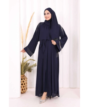 Zincir Püskül Detay  Abaya ŞAL HEDİYE  7887 Lacivert