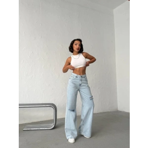 Açık Mavi Yırtık Detaylı Wide Leg Jean Pantolon