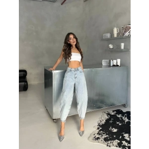 Buz Mavi Paça Toka Detay Denim Pantolon