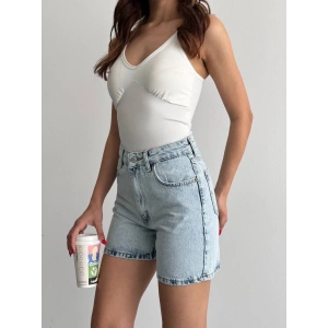 Buz Mavi Yüksek Bel Premium Denim Bermuda Şort