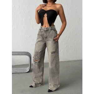 Grunge Stil Eskitme Efektli Geniş Paça Jean