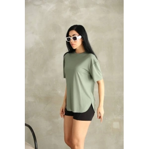 Haki Oysho Yırtmaçlı Modal Oversize Tshirt