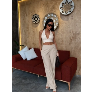 Krem Tensel Kumaş Pul Detaylı Palazzo Pantolon