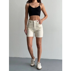 Krem Yüksek Bel Premium Denim Bermuda Şort