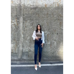 Mavi Yüksek Bel En Boy Likralı Kot Tayt