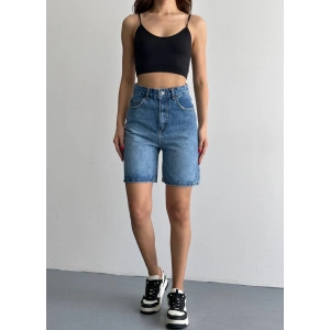 Mavi Yüksek Bel Premium Denim Bermuda Şort