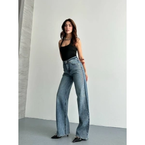 Taş Detaylı Yüksek Bel Wide Leg Jean Pantolon