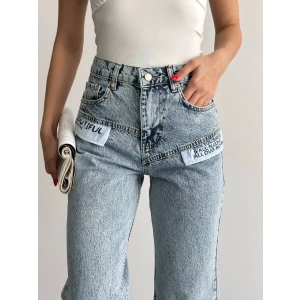 Yazı Detaylı Wide Leg Jean Pantolon
