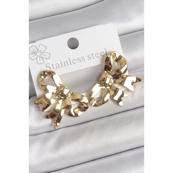 316 Çelik Gold Renk Kurdele Plaka Model Kadın Küpe