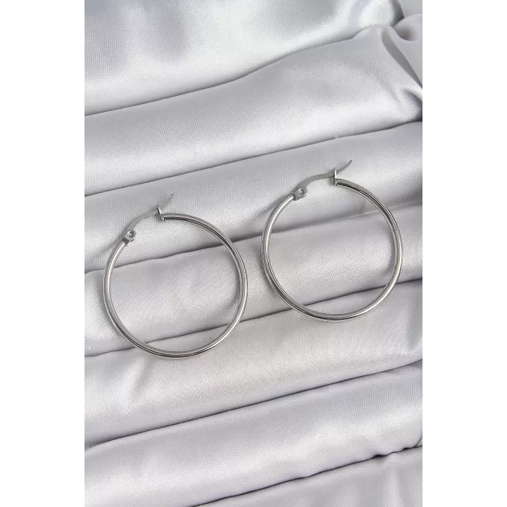 316 Çelik Gümüş Renk 33 mm Halka Model Kadın Küpe