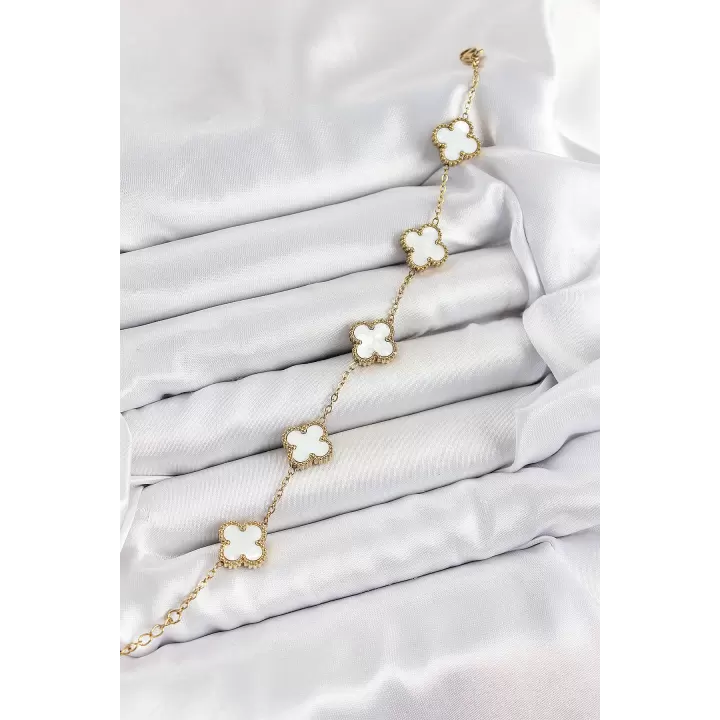 316L Çelik Beyaz Sedef Yonca Model Gold Renk Kadın Bileklik