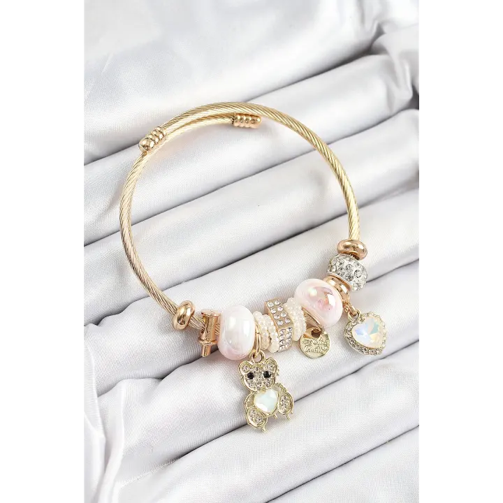 316L Çelik Beyaz Zirkon Taşlı Ayıcık Ve Kalp Model Gold Renk Charm Bileklik