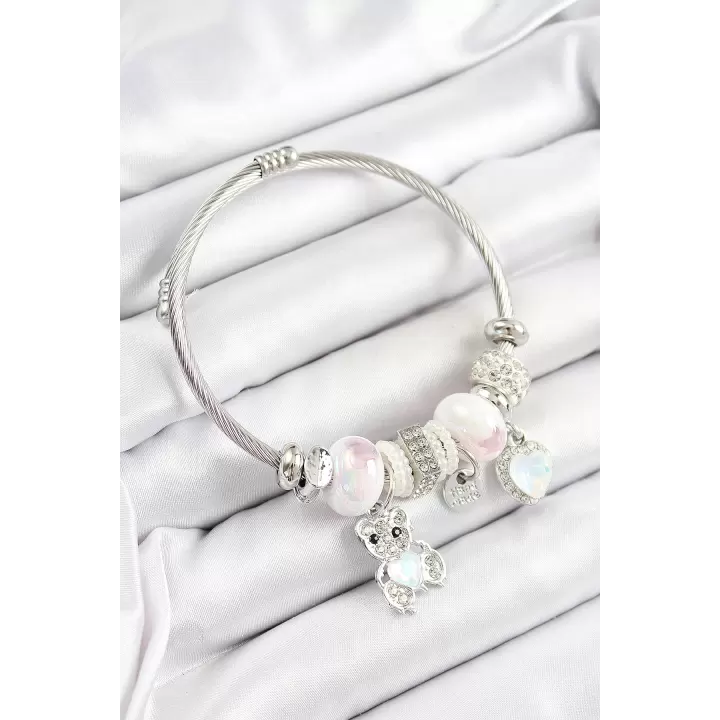 316L Çelik Beyaz Zirkon Taşlı Ayıcık Ve Kalp Model Gümüş Renk Charm Bileklik