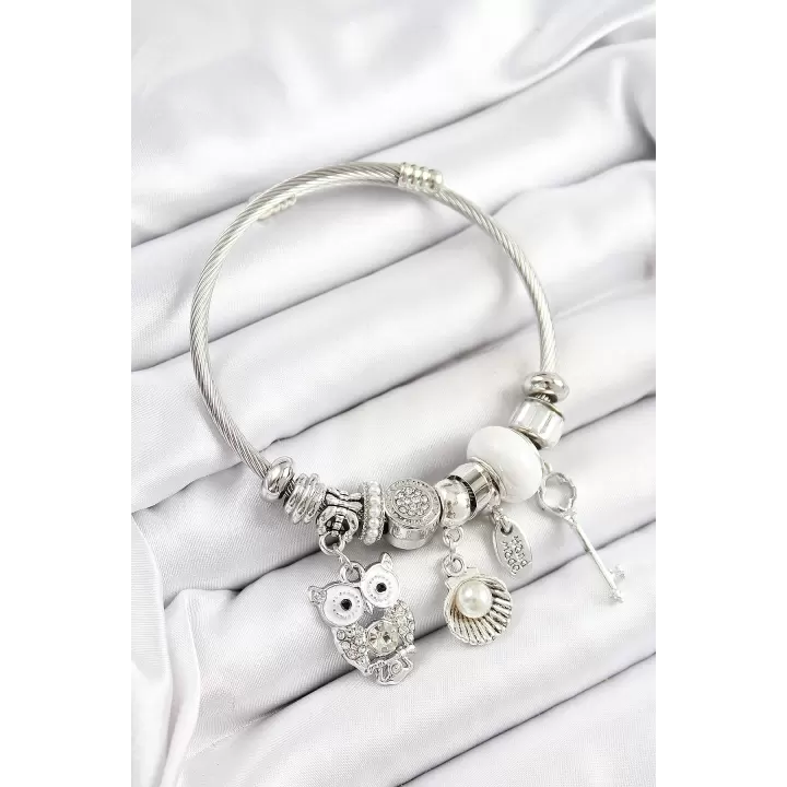 316L Çelik Beyaz Zirkon Taşlı Baykuş İstiridye Ve Anahtar Model Gümüş Renk Charm Bileklik