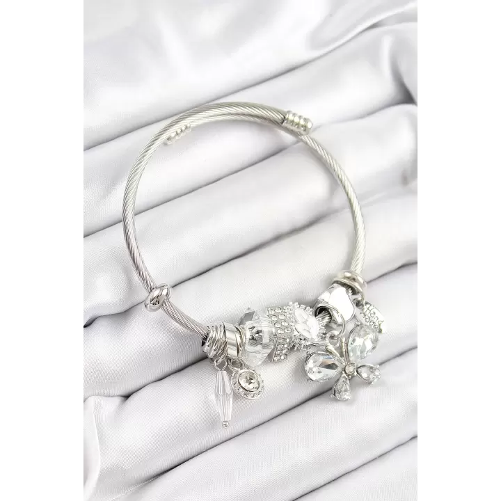 316L Çelik Beyaz Zirkon Taşlı Kelebek Model Gümüş Renk Charm Bileklik