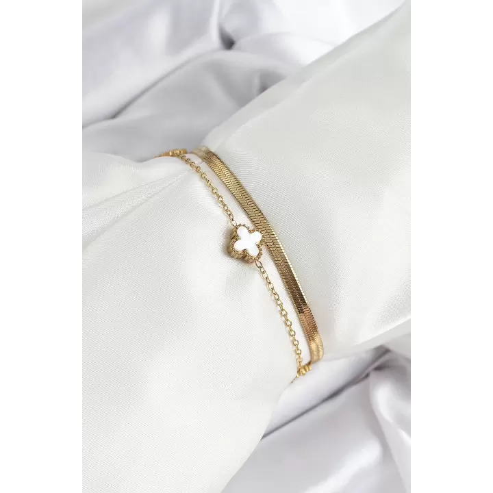 316L Çelik Gold Renk Beyaz Yoncalı 2li Kadın Bileklik