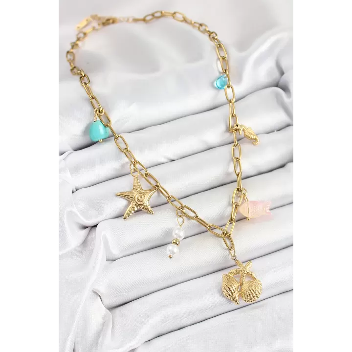 316L Çelik Gold Renk Deniz Yıldızı ve Deniz Kabuğu Konsept Kadın Kolye