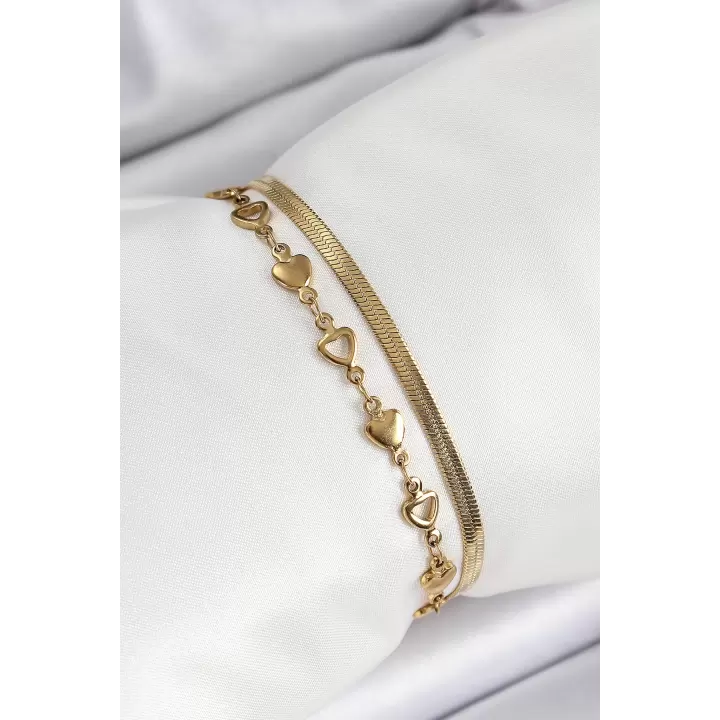 316L Çelik Gold Renk Kalpli Zincir ve İtalyan Zincirli 2li Kadın Bileklik
