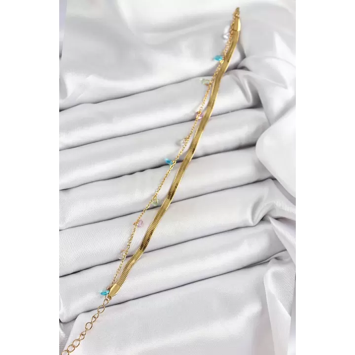 316L Çelik Gold Renk Karışık Renkli Kristal Taşlı 2li Kadın Bileklik
