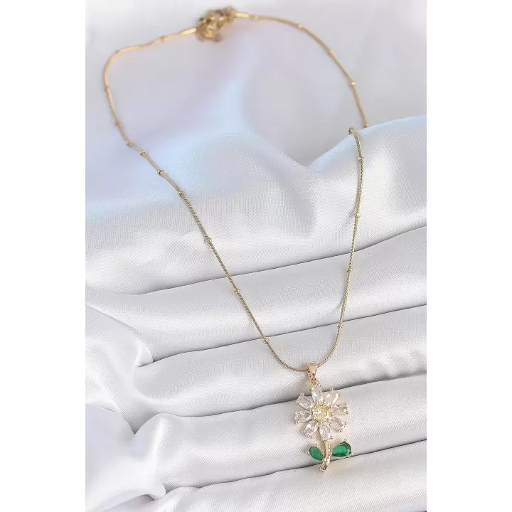 316L Çelik Gold Renk Minimal Topçuk Zincir Zirkon Taşlı Papatya Model Kadın Kolye
