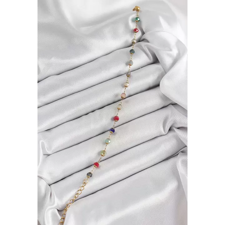 316L Çelik Gold Renk Zincirli Mix Renk Kristal Taşlı Kadın Bileklik