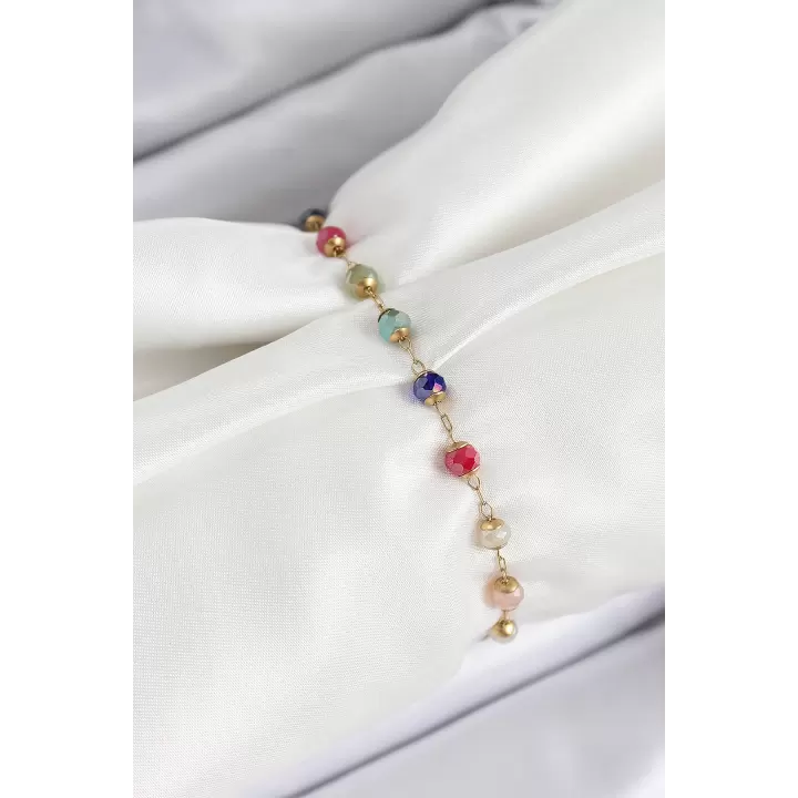 316L Çelik Gold Renk Zincirli Mix Renk Kristal Taşlı Kadın Bileklik