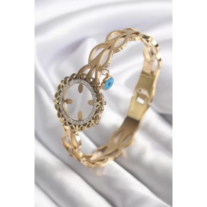 316L Çelik Gold Renk Zirkon Taş Sonsuzluk Detay Çeyrek Altın Takılabilir Kadın Kelepçe