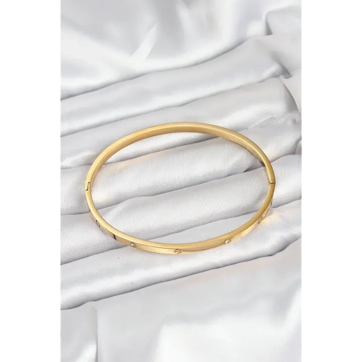 316L Çelik Gold Renk Zirkon Taşlı 65 mm İnce Kadın Kelepçe Bileklik