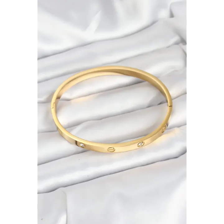 316L Çelik Gold Renk Zirkon Taşlı 65 mm Kadın Kelepçe Bileklik