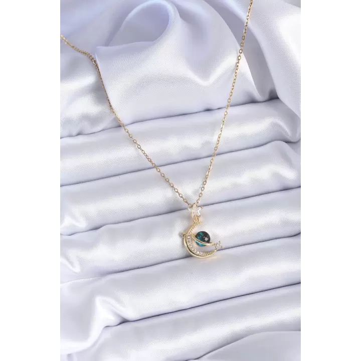 316L Çelik Gold Renk Zirkon Taşlı Hilal Model Kadın Kolye