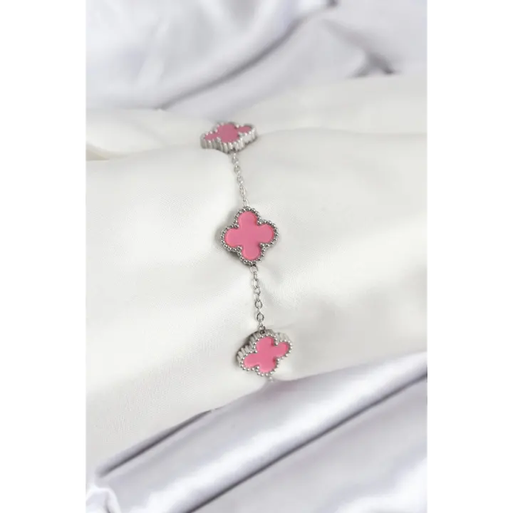 316L Çelik Gümüş Zincir Pembe Renk Yonca Bileklik