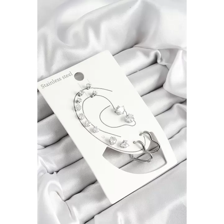 316L Çelik Kalp Figürlü Ve Zirkon Taşlı Gümüş Renk 7li Çift Kadın Küpe Set