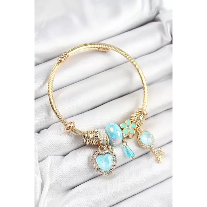 316L Çelik Mavi Zirkon Taşlı Anahtar Ve Kalp Model Gold Renk Charm Bileklik
