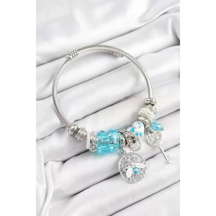 316L Çelik Mavi Zirkon Taşlı Baykuş Arı Ve Anahtar Model Gümüş Renk Charm Bileklik