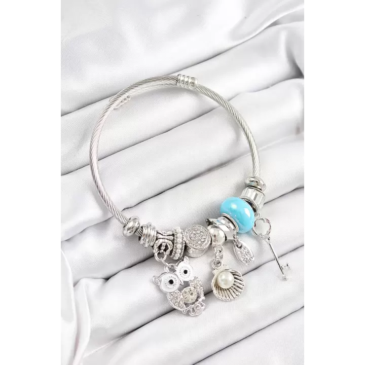 316L Çelik Mavi Zirkon Taşlı Baykuş İstiridye Ve Anahtar Model Gümüş Renk Charm Bileklik