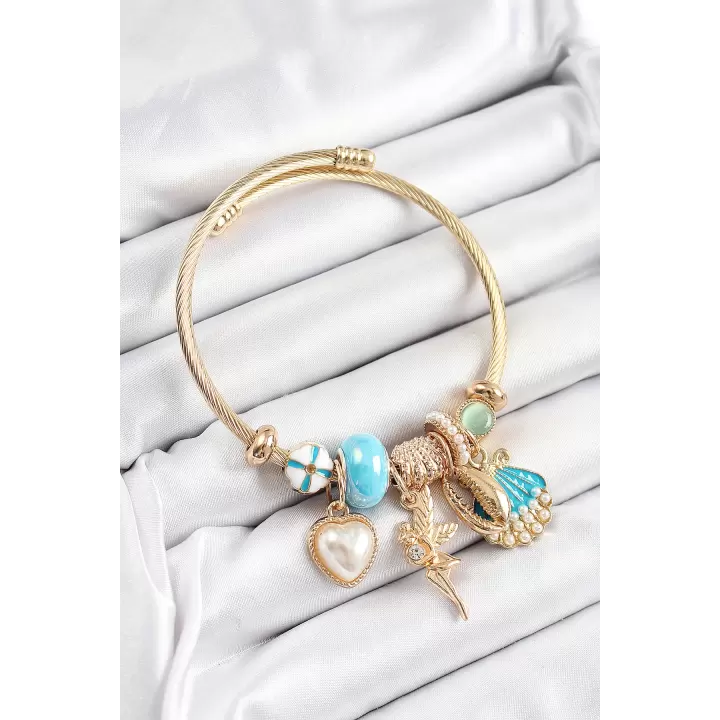 316L Çelik Mavi Zirkon Taşlı Yıldız Melek İstiridye Ve Kalp Model Gold Renk Charm Bileklik