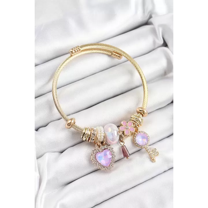 316L Çelik Mor Zirkon Taşlı Anahtar Ve Kalp Model Gold Renk Charm Bileklik