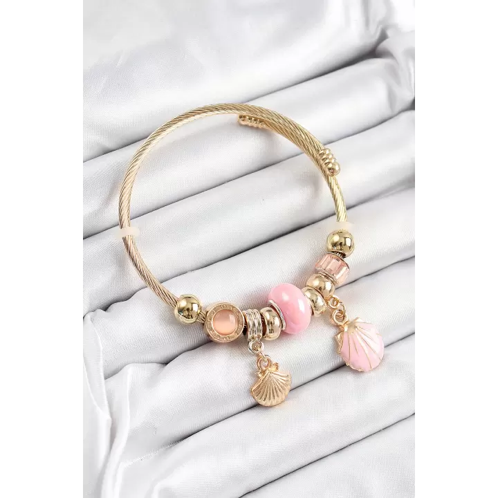 316L Çelik Pembe İstiridye Model Gold Renk Charm Bileklik