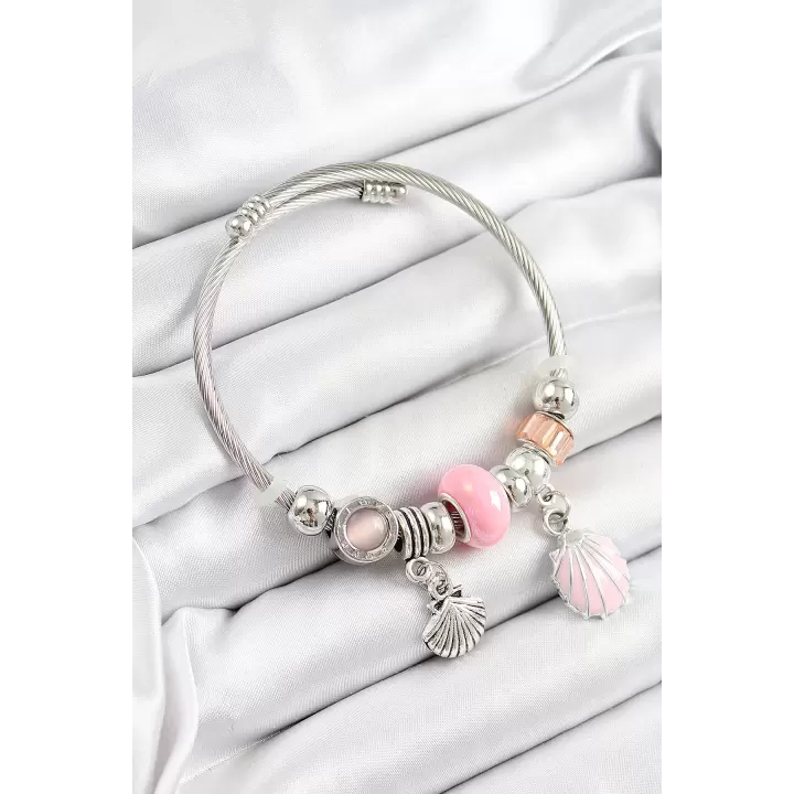 316L Çelik Pembe İstiridye Model Gümüş Renk Charm Bileklik