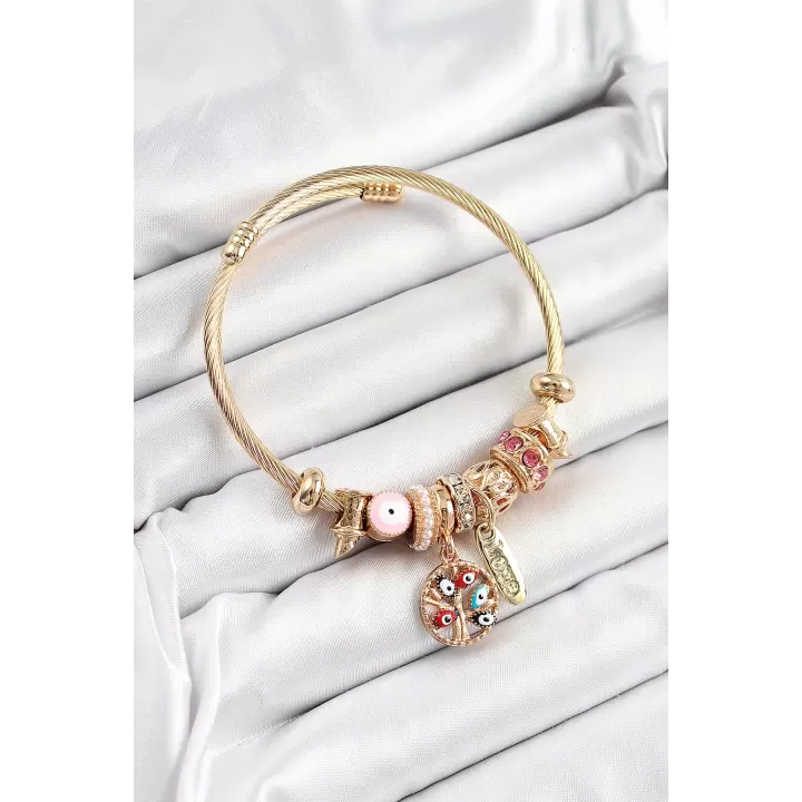 316L Çelik Pembe Nazarlı Zirkon Taşlı İnci Detaylı Hayat Ağacı Model Gold Renk Charm Bileklik