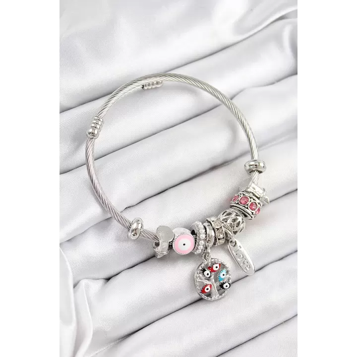 316L Çelik Pembe Nazarlı Zirkon Taşlı İnci Detaylı Hayat Ağacı Model Gümüş Renk Charm Bileklik