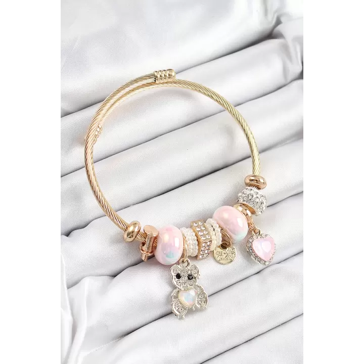 316L Çelik Pembe Zirkon Taşlı Ayıcık Ve Kalp Model Gold Renk Charm Bileklik