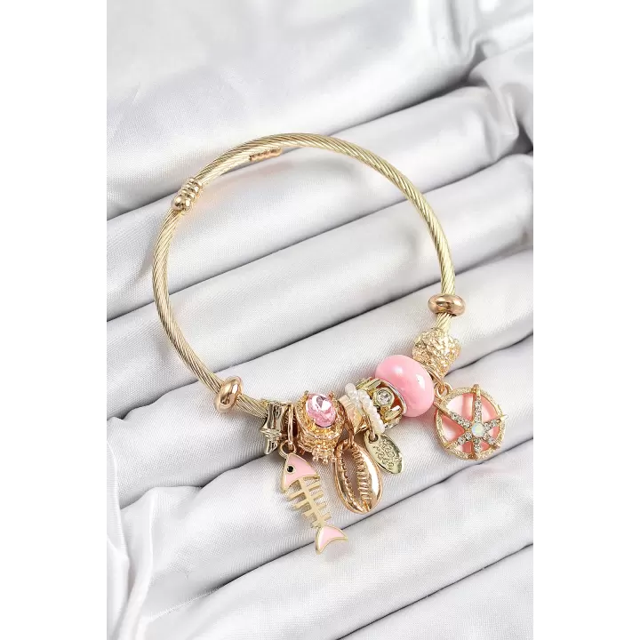 316L Çelik Pembe Zirkon Taşlı Balık Deniz Kabuğu Ve Deniz Yıldızı Model Gold Renk Charm Bileklik