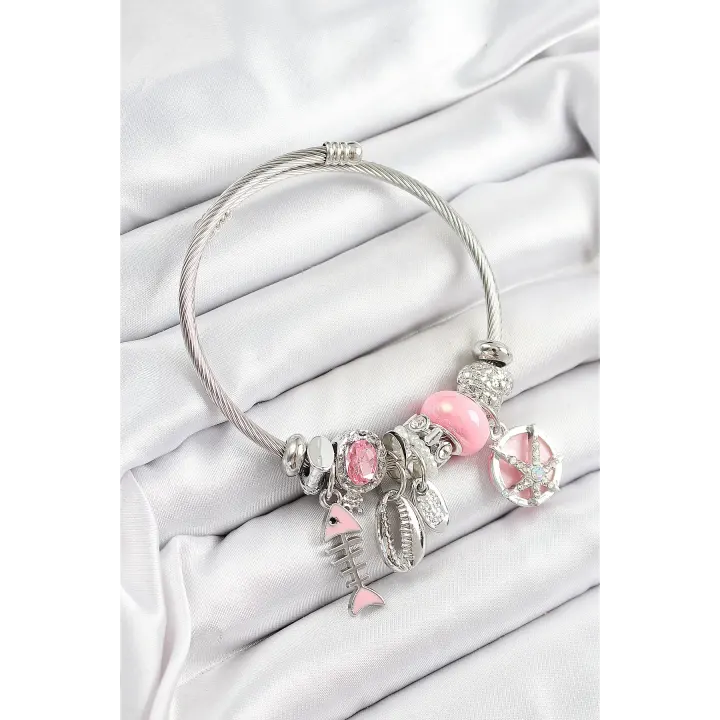 316L Çelik Pembe Zirkon Taşlı Balık Deniz Kabuğu Ve Deniz Yıldızı Model Gümüş Renk Charm Bileklik