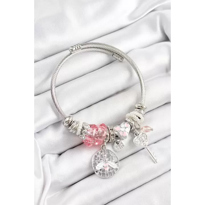 316L Çelik Pembe Zirkon Taşlı Baykuş Arı Ve Anahtar Model Gümüş Renk Charm Bileklik