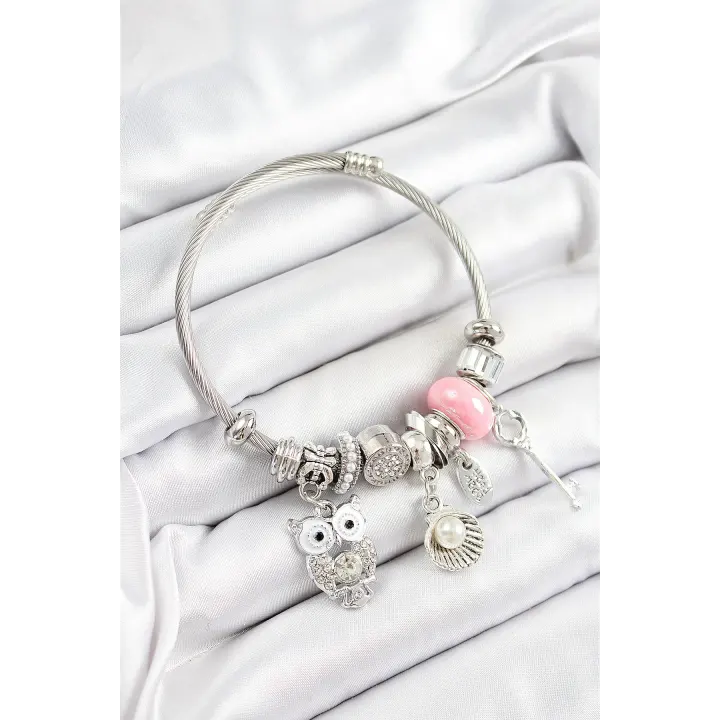 316L Çelik Pembe Zirkon Taşlı Baykuş İstiridye Ve Anahtar Model Gümüş Renk Charm Bileklik